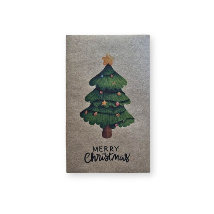 Eco-friendly Christmas seed card with Christmas tree design surrounded by flowers, plantable wildflower card on white background.