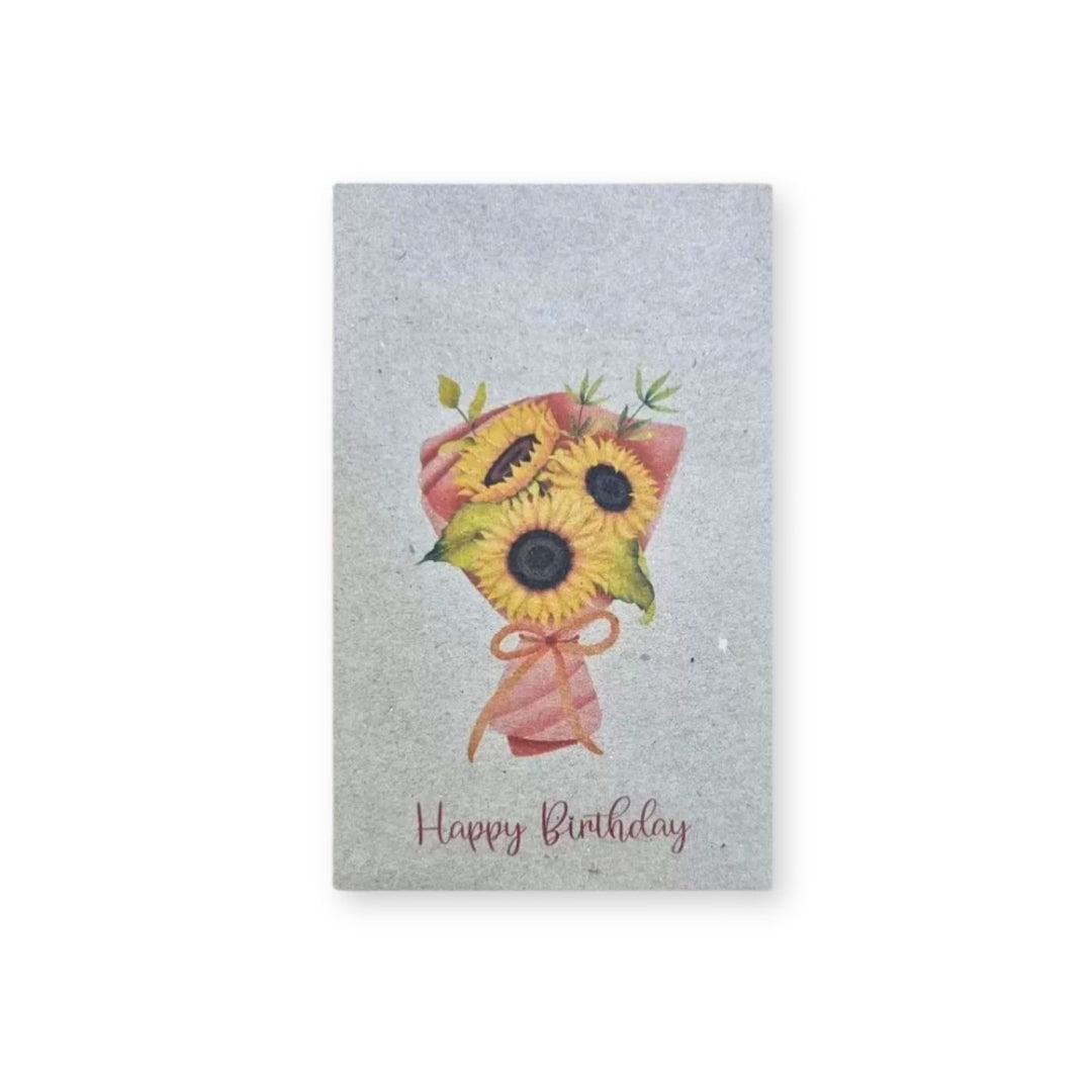 Happy Birthday Sunflowers card with sunflower bouquet illustration, plantable seed card by Bee Kind Australia.