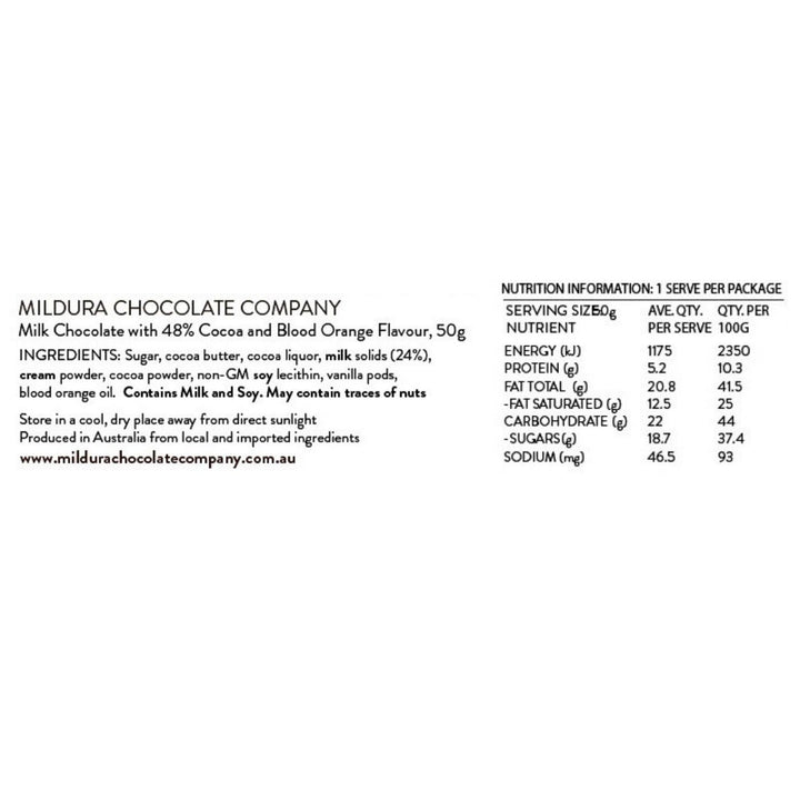 48% Blood Orange Milk Chocolate Bar – 50g, Ingredients and Nutrition Information