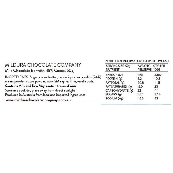 48% Milk Chocolate Bar – 50g Ingredients and Nutrition Information