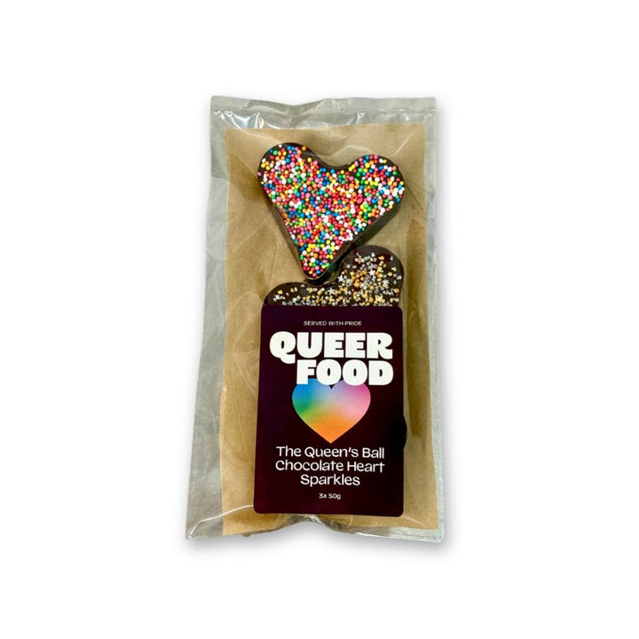 Queer Food QLD Queen's Ball Chocolate Heart Sparkles -
Heart-shaped chocolate with rainbow sparkles made in Australia. Every purchase supports Queer Food’s LGBTQIA+ community initiatives and giving circles.