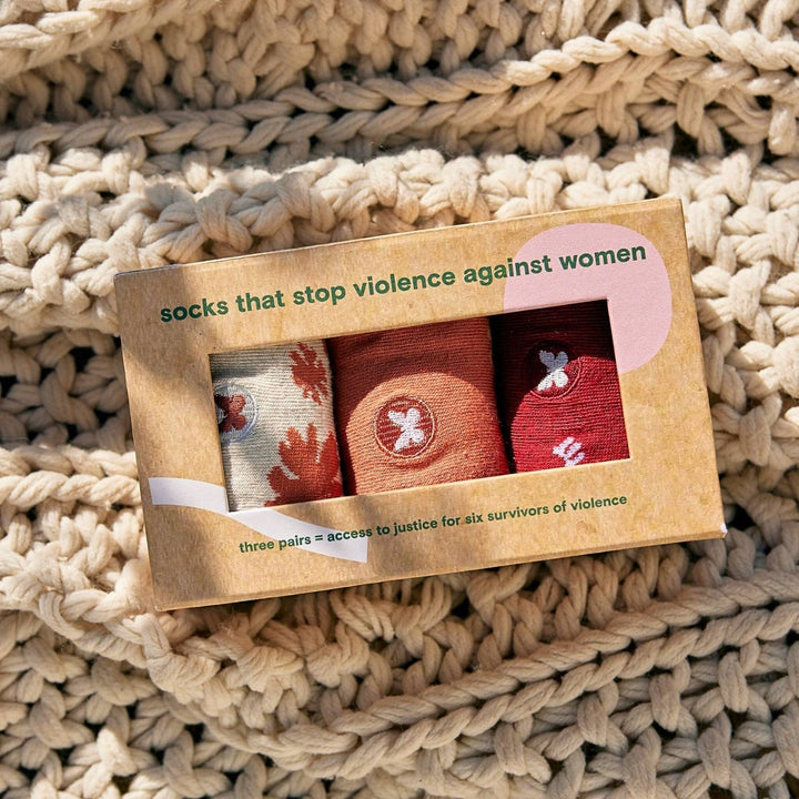 Conscious Step - Socks That Stop Violence Against Women Gift Box includes a set of soft, organic-cotton socks. Each pair features a meaningful butterfly embroidery to represent your impact, this gift serves as a reminder to continue to lift our voices to fight for women’s rights.