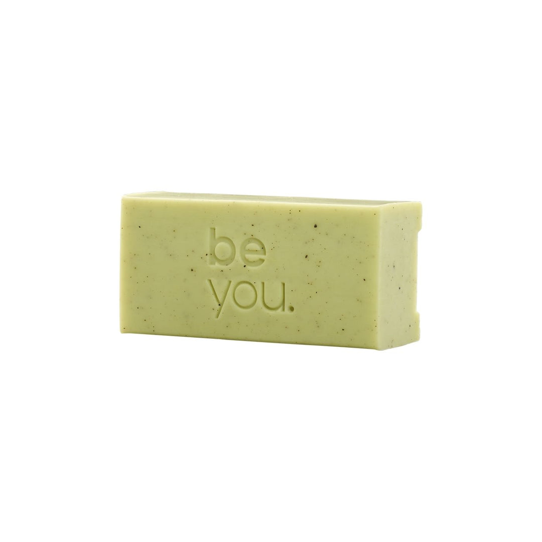 Unlabelled exfoliating body bar with lemongrass, lemon myrtle and collagen, natural green soap bar for gentle exfoliation and smooth skin