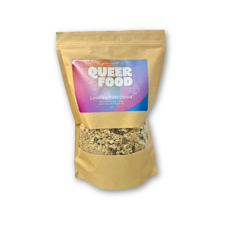 Queer Food Level The Field Cereal - A crunchy, feel-good cereal that supports LGBTQIA+ communities. Every bowl helps fund Queer Food’s impact-driven projects across Australia.
