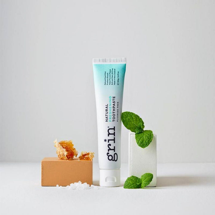 Grin Natural Freshening Toothpaste - Eco-friendly oral wellness: Grin Natural makes toothpaste, brushes & floss with NZ formulas, recycled plastic & giving back to communities.