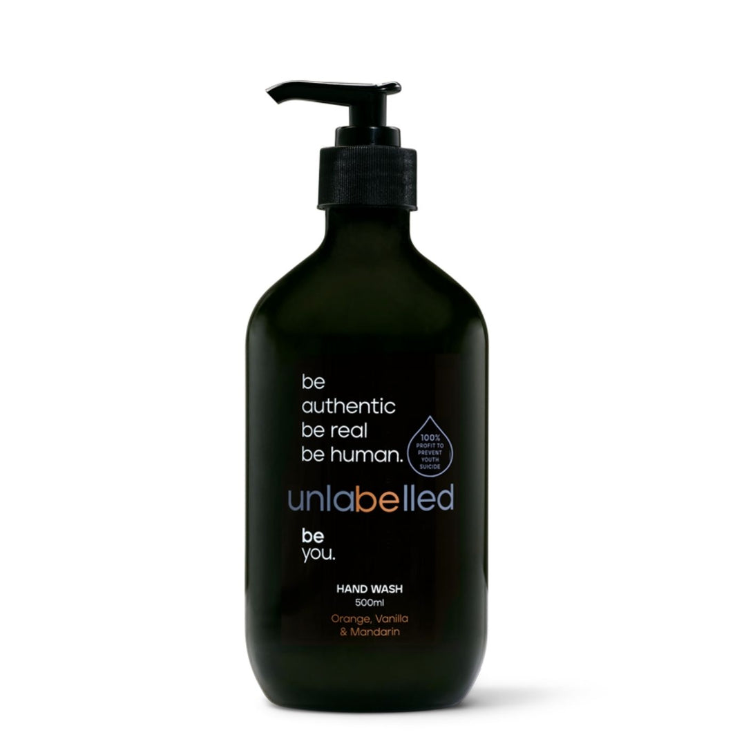 Bottle of Unlabelled Orange, Vanilla & Mandarin Hand Wash with citrus and vanilla notes, in recycled packaging.