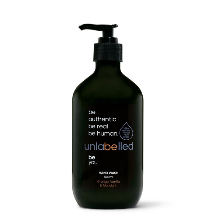 Bottle of Unlabelled Orange, Vanilla & Mandarin Hand Wash with citrus and vanilla notes, in recycled packaging.