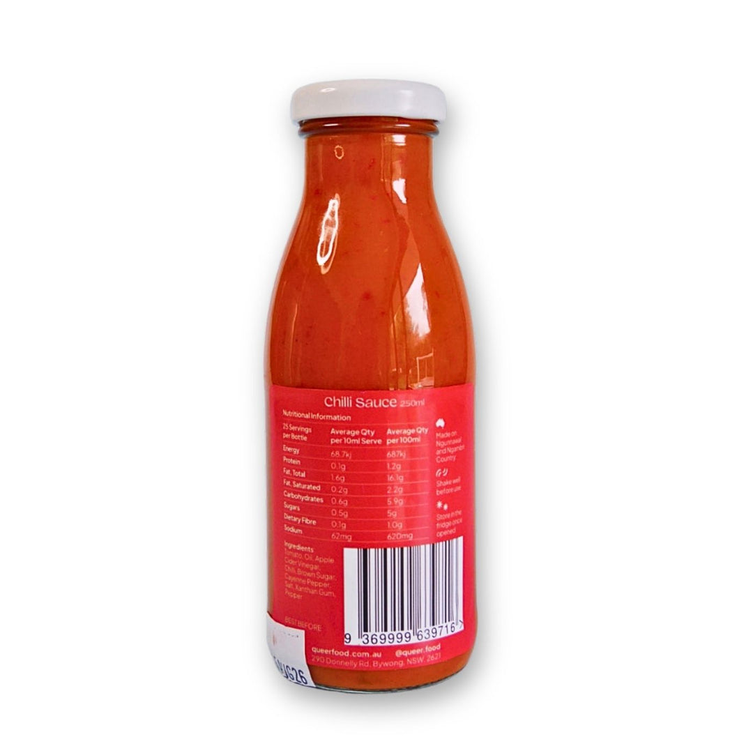 Queer Food Chilli Sauce
 | Spicy Australian chilli sauce with bold flavour and balanced heat. Every bottle supports Queer Food’s LGBTQIA+ community initiatives and giving circles.