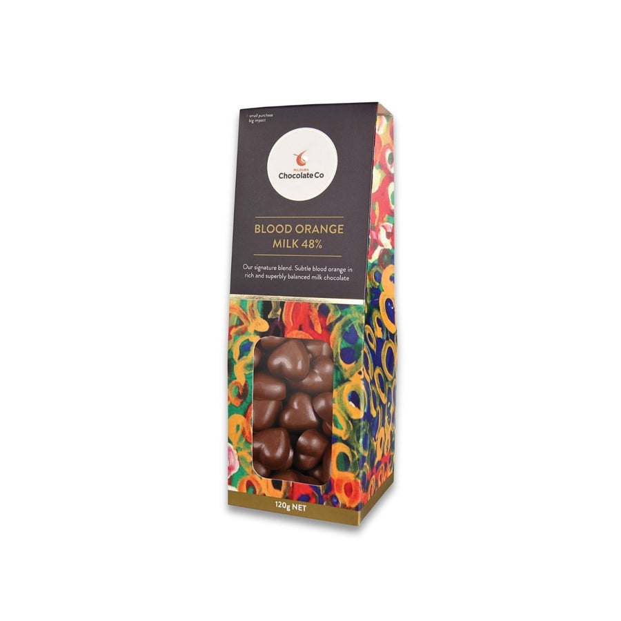48% Blood Orange Milk Chocolate Hearts – 120g, handcrafted in Australia with smooth creamy flavour, supporting local employment and training.