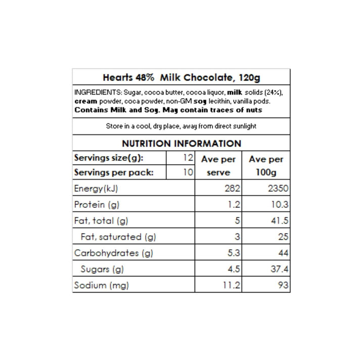 Heart-shaped milk chocolate pieces made from smooth 48% cocoa milk chocolate. Made by a certified social enterprise that supports 24 Supported Employees earning an Award Wage and 12 others on pathways to work.