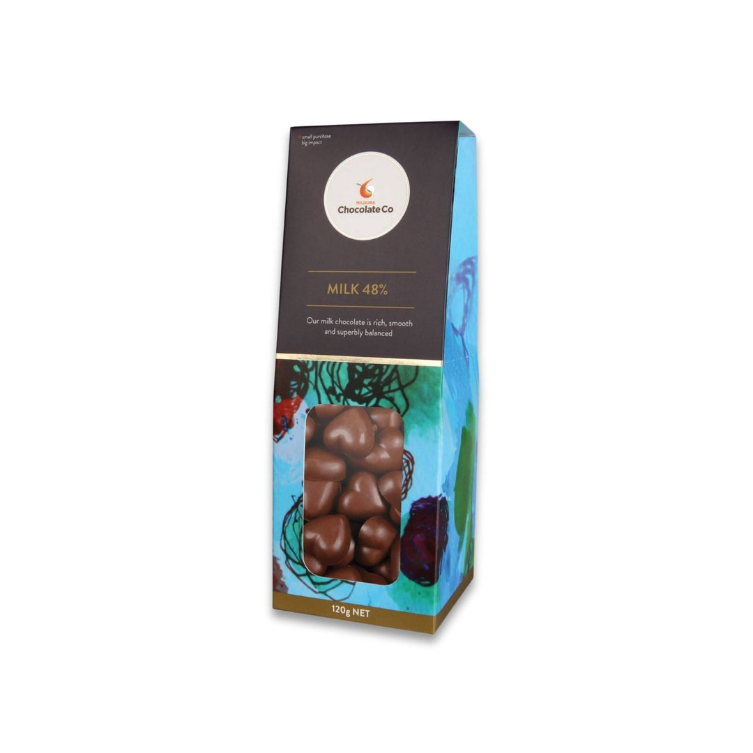 Heart-shaped milk chocolate pieces made from smooth 48% cocoa milk chocolate. Made by a certified social enterprise that supports 24 Supported Employees earning an Award Wage and 12 others on pathways to work.