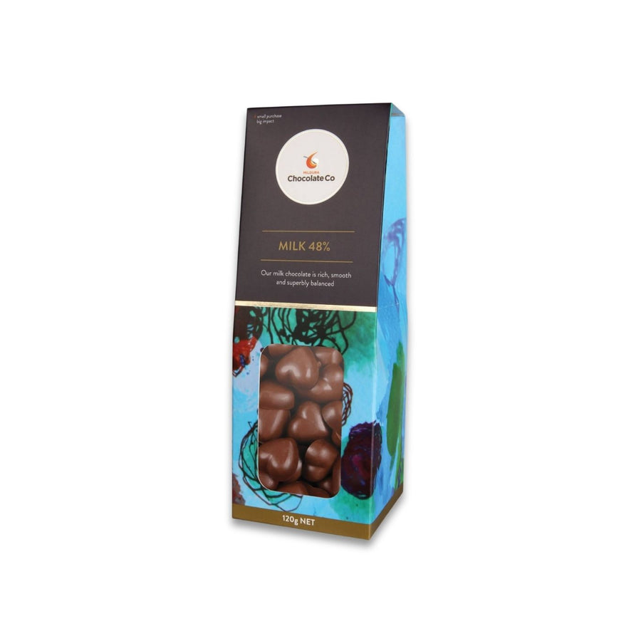 Heart-shaped milk chocolate pieces made from smooth 48% cocoa milk chocolate. Made by a certified social enterprise that supports 24 Supported Employees earning an Award Wage and 12 others on pathways to work.