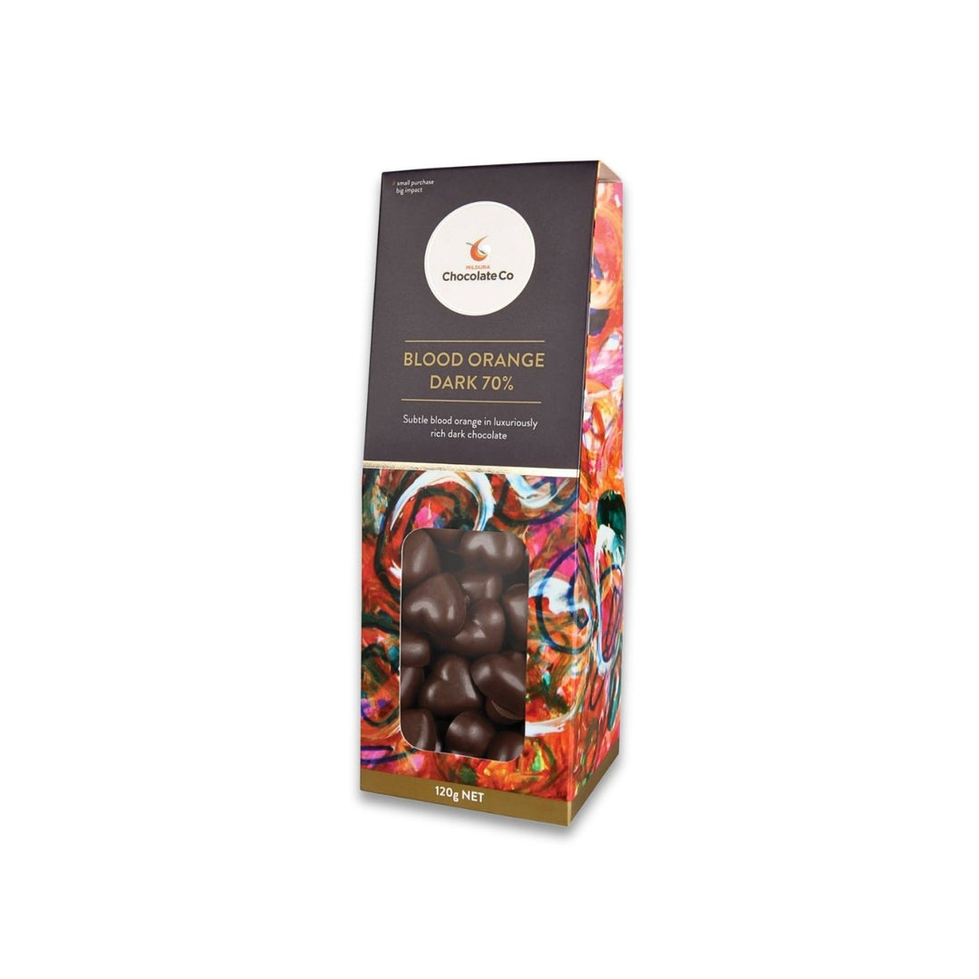 70% Blood Orange Milk Chocolate Hearts – 120g, handcrafted in Australia with smooth creamy flavour, supporting local employment and training.