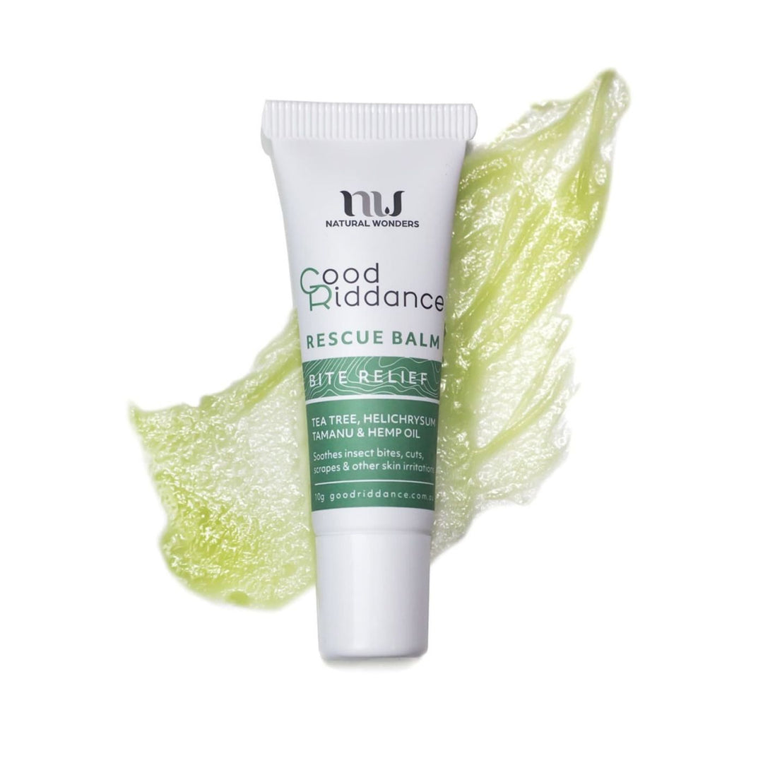 Good Riddance Rescue Balm 10g tube, labelled “Bite Relief” with natural ingredients including tea tree, peppermint, lavender, helichrysum, tamanu and hemp oil. Designed to soothe insect bites, cuts, scrapes, and skin irritations.