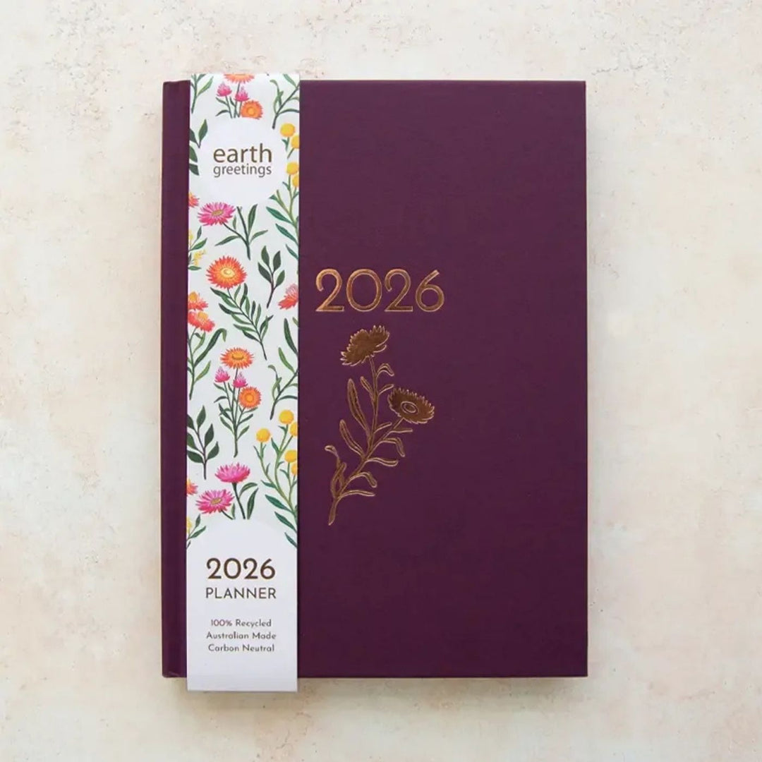 An eco-friendly Australian made planner. The lifecycle of this product is carbon offset with an  additional 10% of profit is donated to care for native wildlife and restore habitat. The planner is fully recyclable including the cover, and the cotton ribbon can be removed and home composted.
