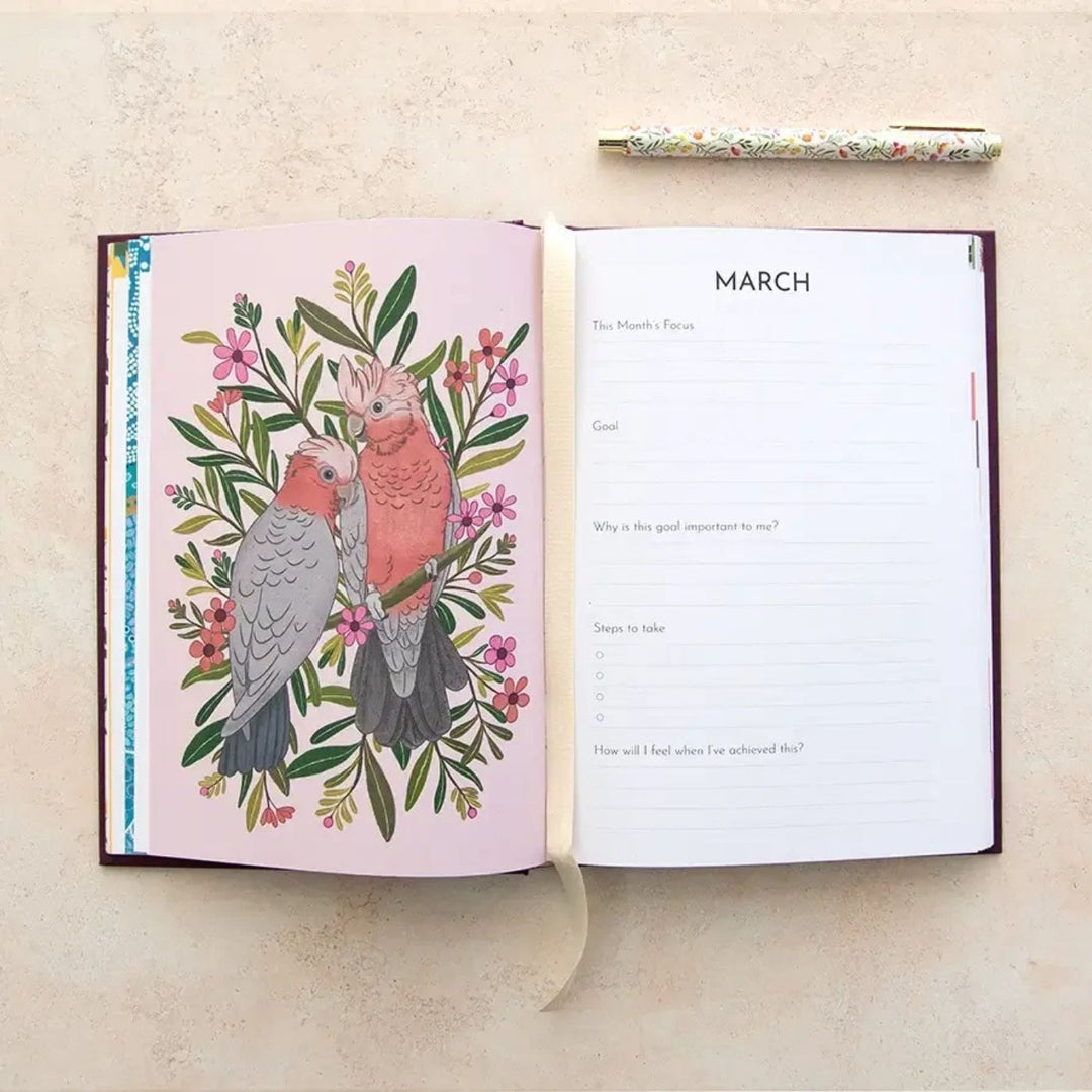 2026 Planner - Boronia. An eco-friendly Australian made planner. The lifecycle of this product is carbon offset with an  additional 10% of profit is donated to care for native wildlife and restore habitat. The planner is fully recyclable including the cover, and the cotton ribbon can be removed and home composted.