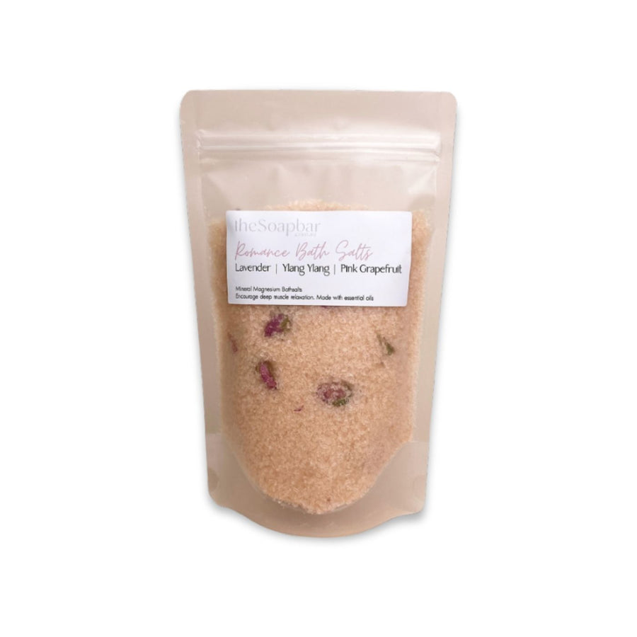 Romance Bath Salts 350g by The Soap Bar, lavender ylang ylang and pink grapefruit mineral bath salts in resealable pouch.