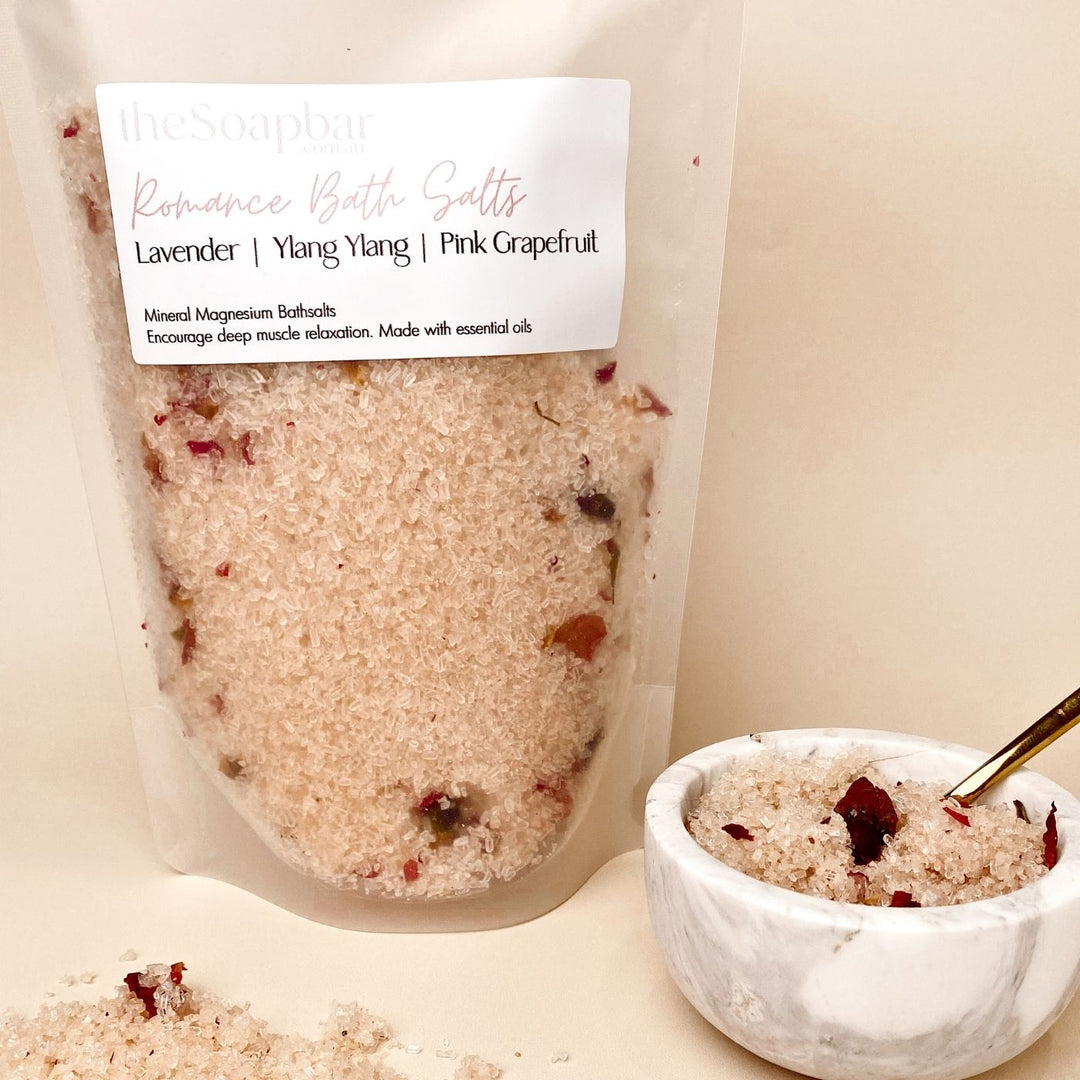 Romance Bath Salts by The Soap Bar, magnesium bath salts with dried rose buds, lavender ylang ylang and pink grapefruit oils.