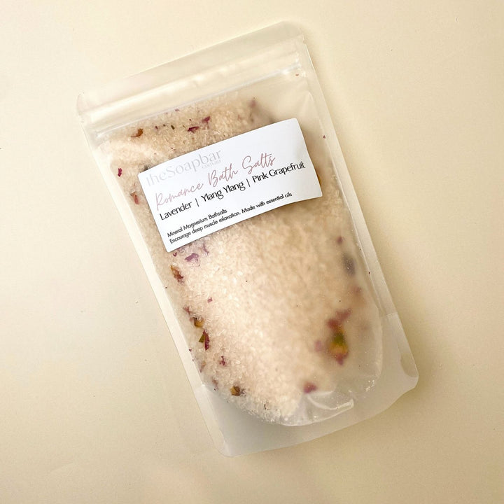 Romance Bath Salts 350g by The Soap Bar, lavender ylang ylang and pink grapefruit mineral bath salts in resealable pouch.
