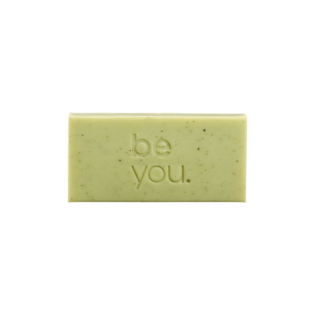 Unlabelled exfoliating body bar with lemongrass, lemon myrtle and collagen, natural green soap bar for gentle exfoliation and smooth skin