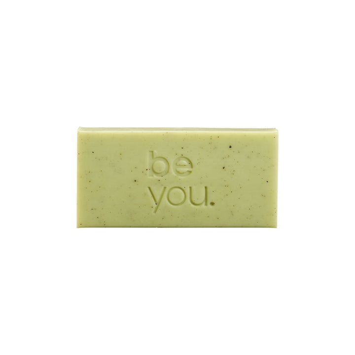 Unlabelled exfoliating body bar with lemongrass, lemon myrtle and collagen, natural green soap bar for gentle exfoliation and smooth skin