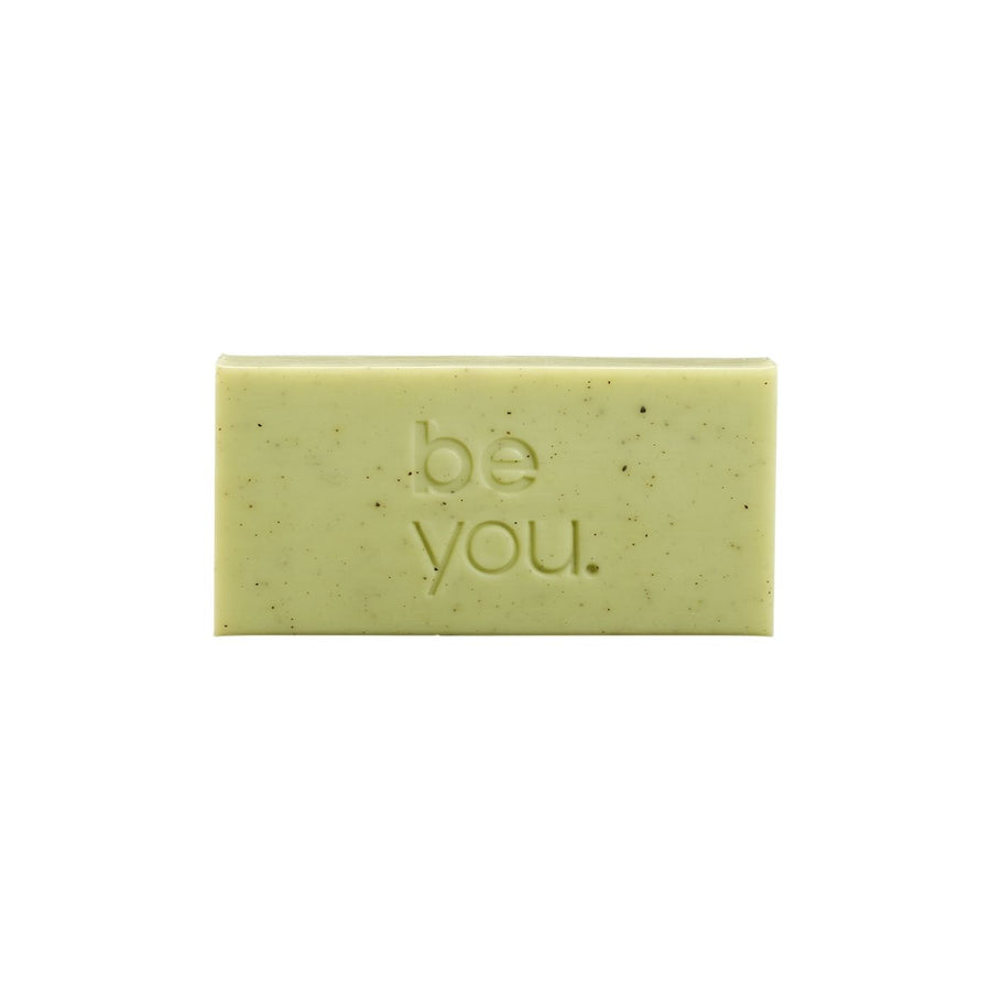 Unlabelled exfoliating body bar with lemongrass, lemon myrtle and collagen, natural green soap bar for gentle exfoliation and smooth skin