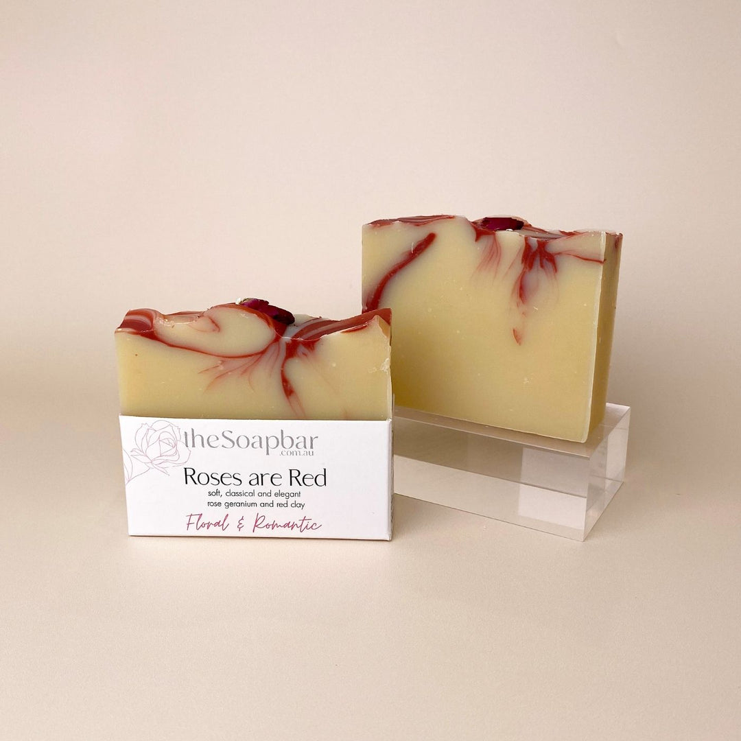 Roses Are Red Soap by The Soap Bar with rose geranium essential oil, red clay and rose buds, handmade natural soap bar for gentle skin cleansing.