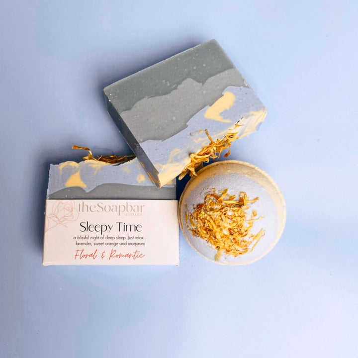 Sleepy Time handmade soap bar by The Soap Bar with layered sage green, blue and yellow tones.