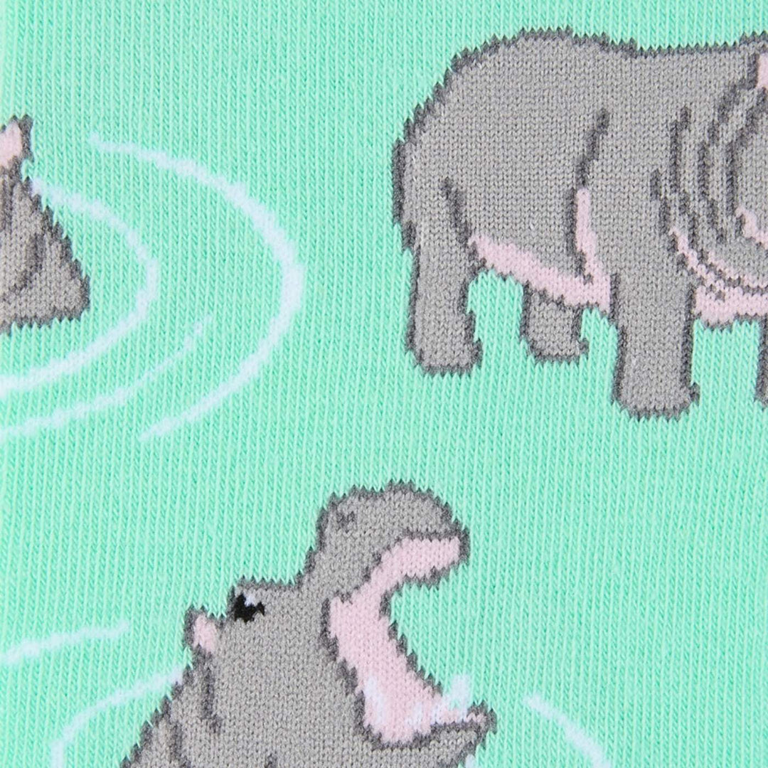 A close up image of Sydney Sock Project Hippopotamus crew socks.