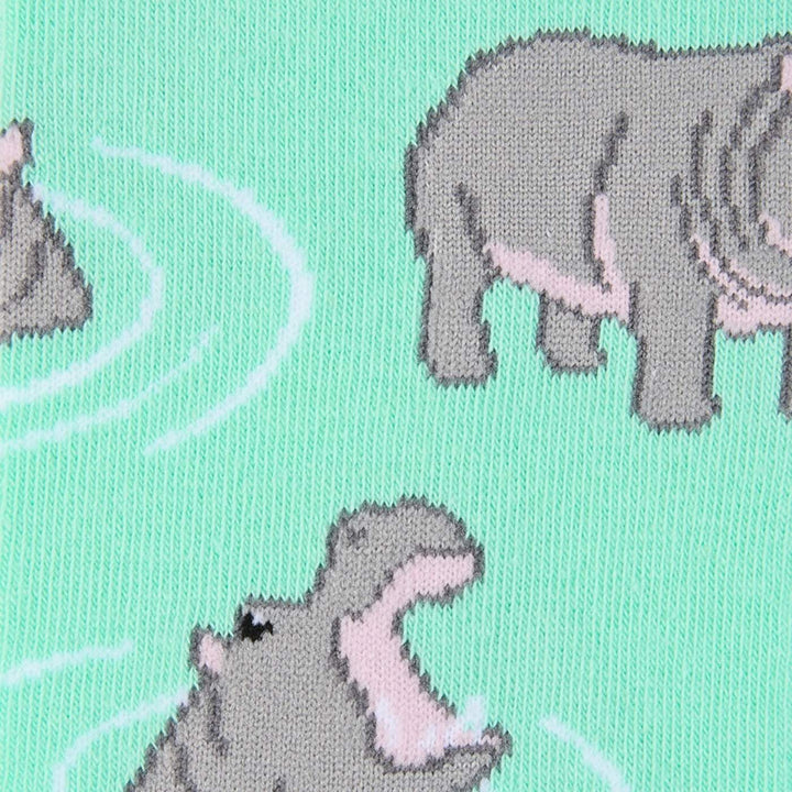 A close up image of Sydney Sock Project Hippopotamus crew socks.