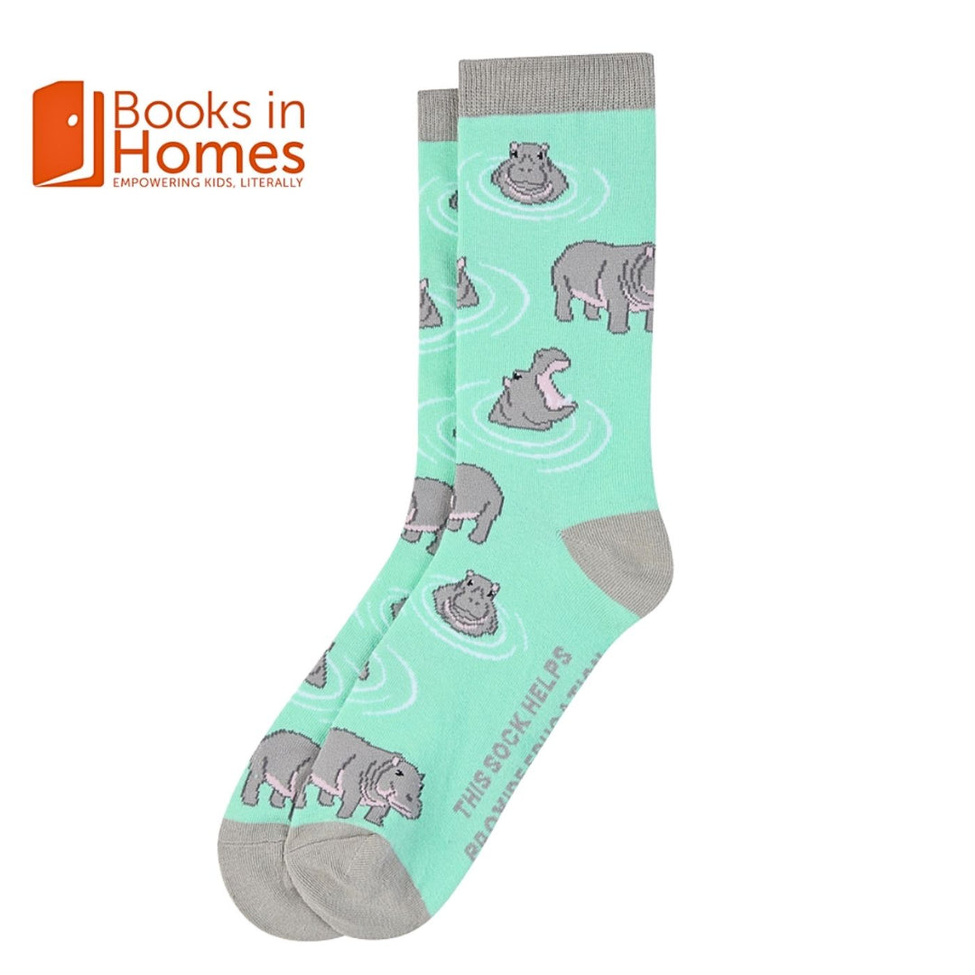 Sydney Sock Project Hippopotamus crew socks. With every pair of Sydney Sock Project socks purchased, you're contributing to meaningful causes. They are dedicated to supporting charities and organisations that strive to make a difference for our people and planet.
