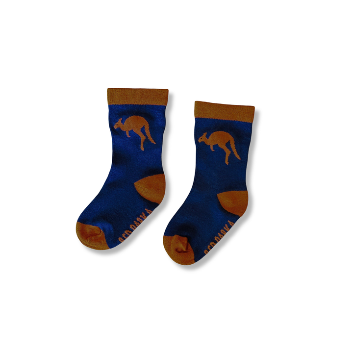 Red Parka Kangaroo Kids' Socks – Designed in Tasmania. A fun Kangaroo socks for kids, designed in Tasmania. Made from soft bamboo. 50% of profits support wildlife and environmental charities.