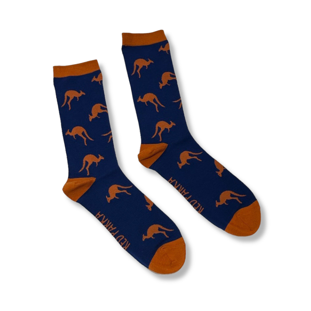 Red Parka Kangaroo Kids' Socks – Designed in Tasmania. A fun Kangaroo socks for kids, designed in Tasmania. Made from soft bamboo. 50% of profits support wildlife and environmental charities.