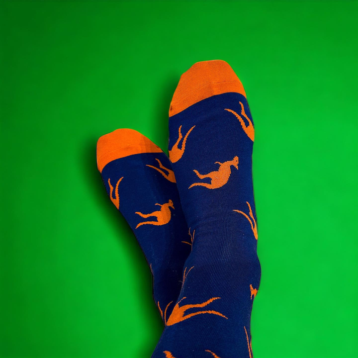 Red Parka Kangaroo Kids' Socks – Designed in Tasmania. A fun Kangaroo socks for kids, designed in Tasmania. Made from soft bamboo. 50% of profits support wildlife and environmental charities.