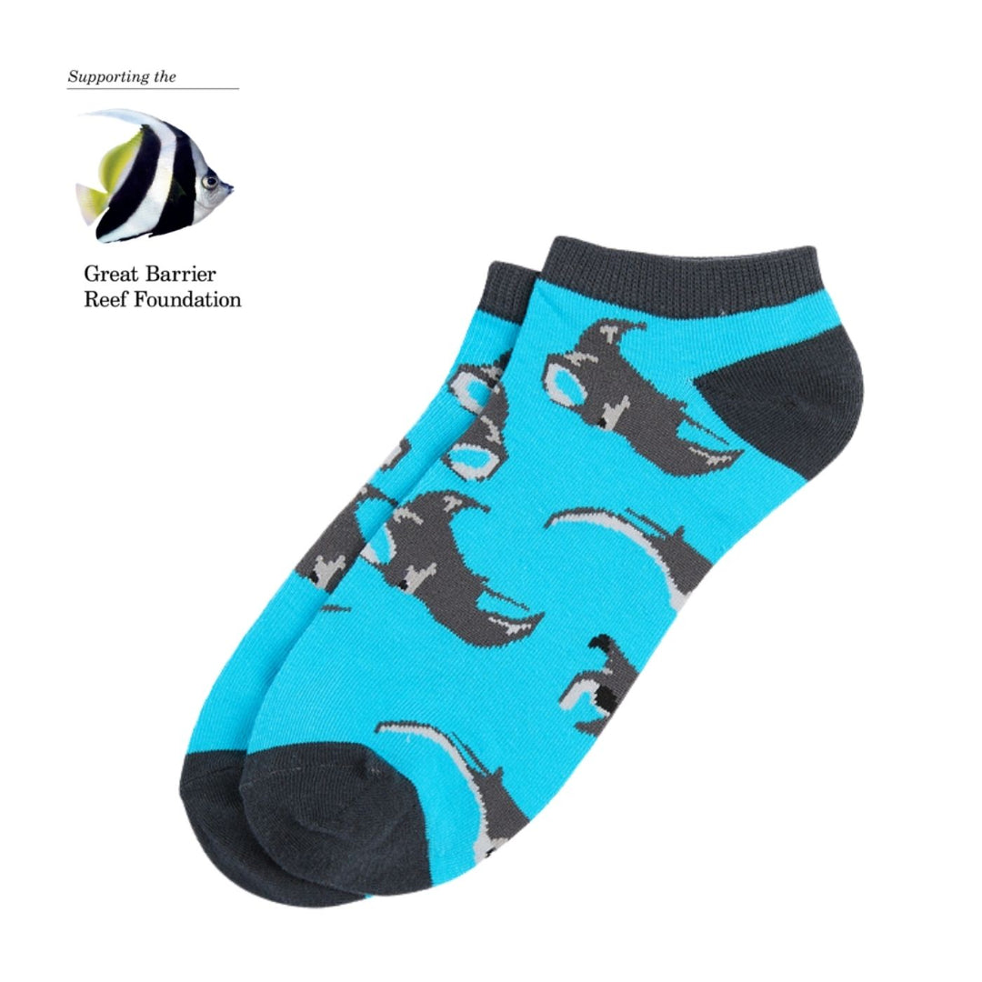 Sydney Sock Project Mantay Ray ankle socks. With every pair of Sydney Sock Project socks purchased, you're contributing to meaningful causes. They are dedicated to supporting charities and organisations that strive to make a difference for our people and planet.