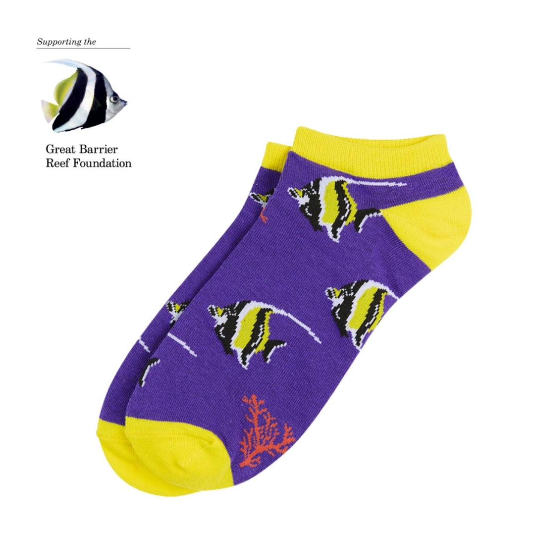 Sydney Sock Project Moorish Idol ankle socks. With every pair of Sydney Sock Project socks purchased, you're contributing to meaningful causes. They are dedicated to supporting charities and organisations that strive to make a difference for our people and planet.
