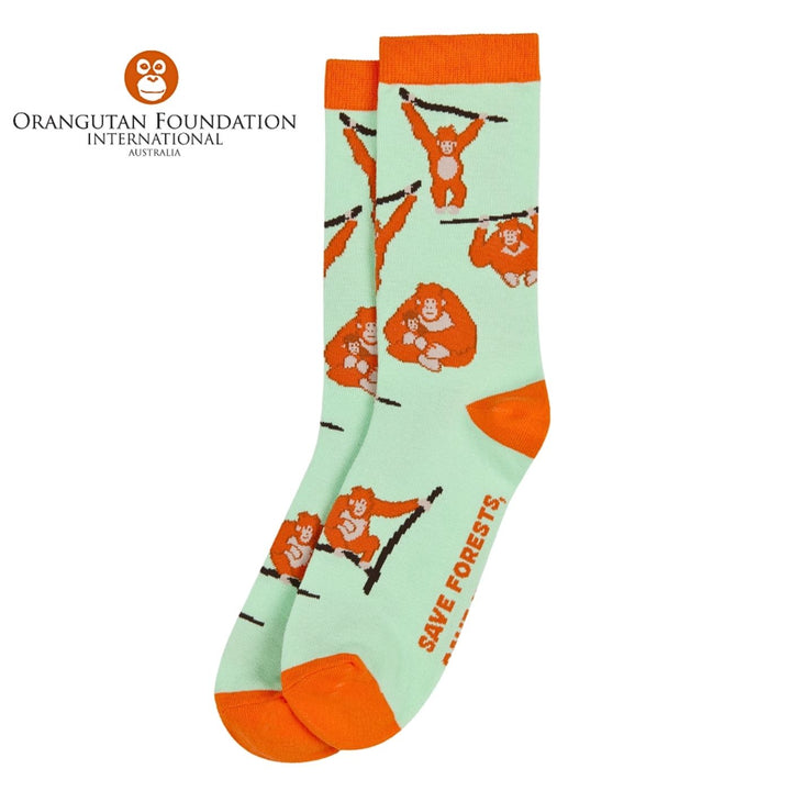 Sydney Sock Project Orangutan crew socks. With every pair of Sydney Sock Project socks purchased, you're contributing to meaningful causes. They are dedicated to supporting charities and organisations that strive to make a difference for our people and planet.