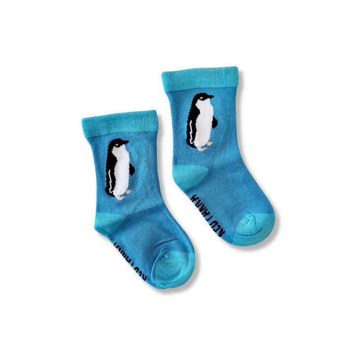 Red Parka Penguin Kids' Socks – Designed in Tasmania. Fun, colourful Penguin socks for kids, designed in Tasmania. Made from soft bamboo. 50% of profits support wildlife and environmental charities.