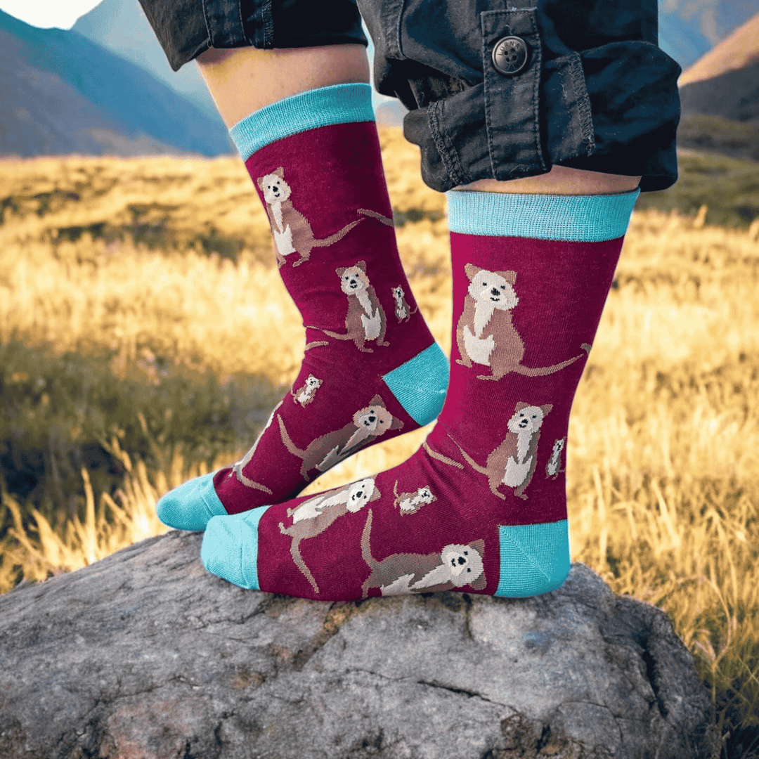 Red Parka Quokka Kids' Socks – Designed in Tasmania. Fun, colourful Quokka socks for kids, designed in Tasmania. Made from soft bamboo. 50% of profits support wildlife and environmental charities.