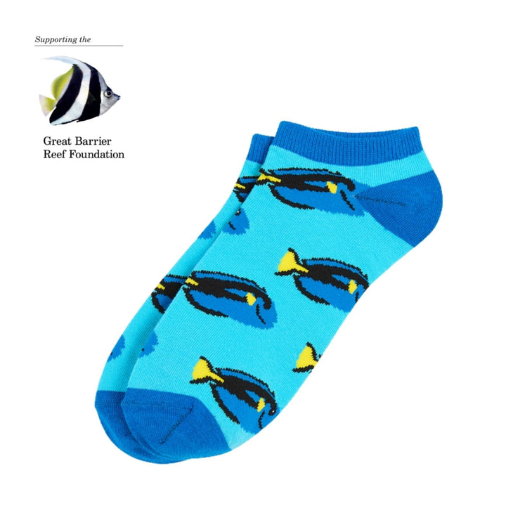 Sydney Sock Project Regal Blue Tang ankle socks. With every pair of Sydney Sock Project socks purchased, you're contributing to meaningful causes. They are dedicated to supporting charities and organisations that strive to make a difference for our people and planet.