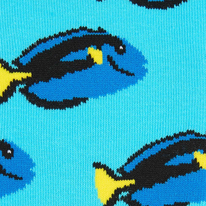 A closeup image of Sydney Sock Project Regal Blue Tang ankle socks.