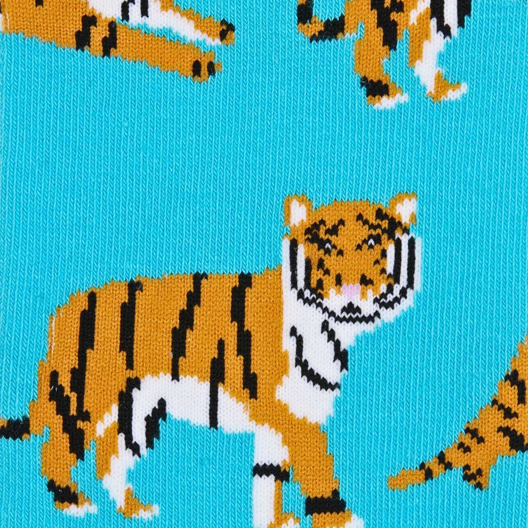 A closeup image of Sydney Sock Project Sumatran Tiger crew socks.