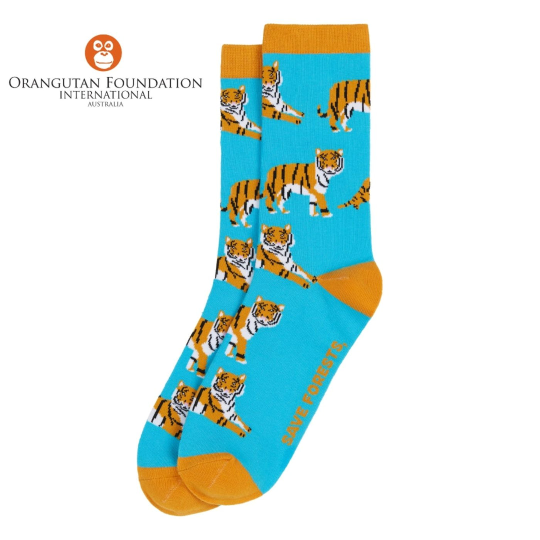 Sydney Sock Project Sumatran Tiger crew socks. With every pair of Sydney Sock Project socks purchased, you're contributing to meaningful causes. They are dedicated to supporting charities and organisations that strive to make a difference for our people and planet.