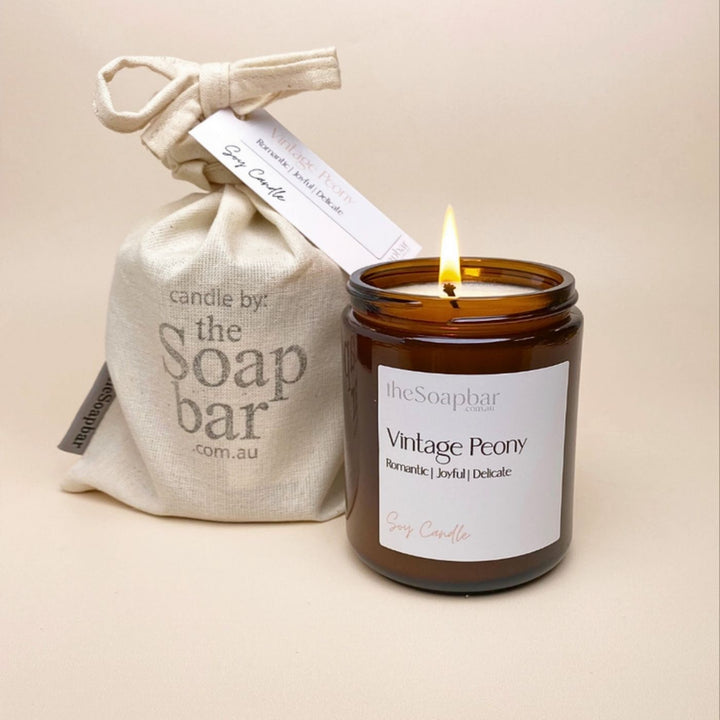 Large soy candle with vintage peony fragrance and approximately 50 hours burn time. Intensely floral, light sweet and gentle with hints of bergamot, lemon, geranium and patchouli.

Made by The Soap Bar, supporting ethical local production and community giving.