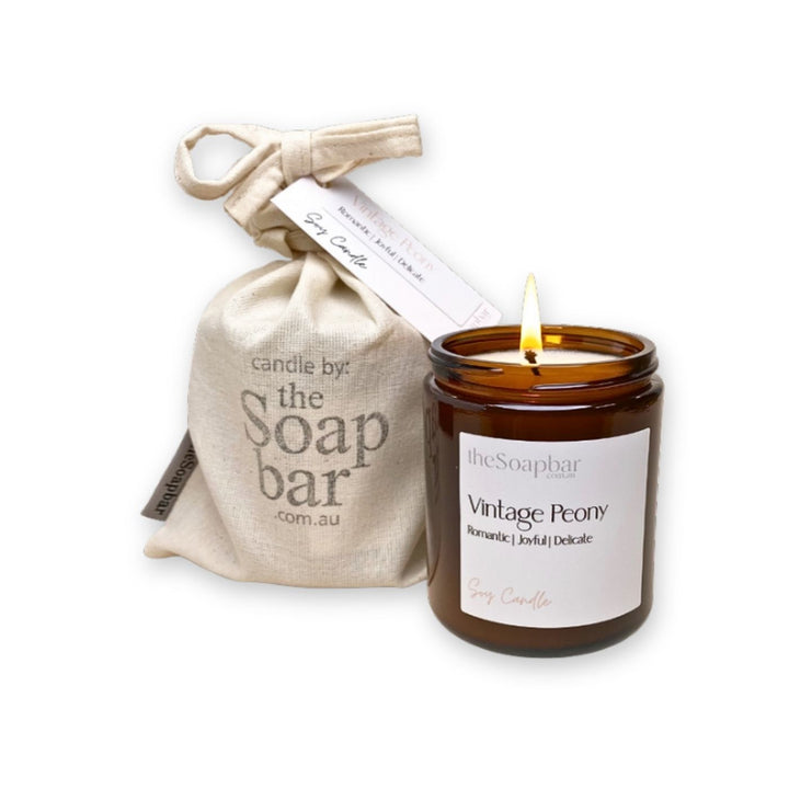 Large soy candle with vintage peony fragrance and approximately 50 hours burn time. Intensely floral, light sweet and gentle with hints of bergamot, lemon, geranium and patchouli.

Made by The Soap Bar, supporting ethical local production and community giving.