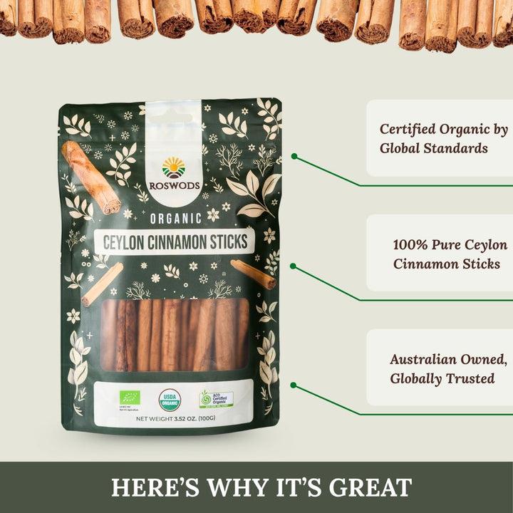 Roswods Organic Ceylon Cinnamon Sticks 100g pack with three product callouts: Certified Organic by Global Standards, 100% Pure Ceylon Cinnamon Sticks, and Australian Owned, Globally Trusted. Cinnamon sticks line the top border. Text banner reads "Here's Why It's Great."
