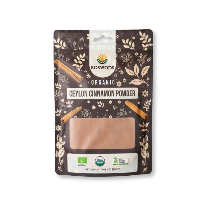 Roswods Organic Ceylon Cinnamon Powder 200g resealable pouch with dark brown botanical packaging, featuring cinnamon sticks and the Roswods logo. Australian Certified Organic, USDA Organic, and Bio certification badges visible at the base.