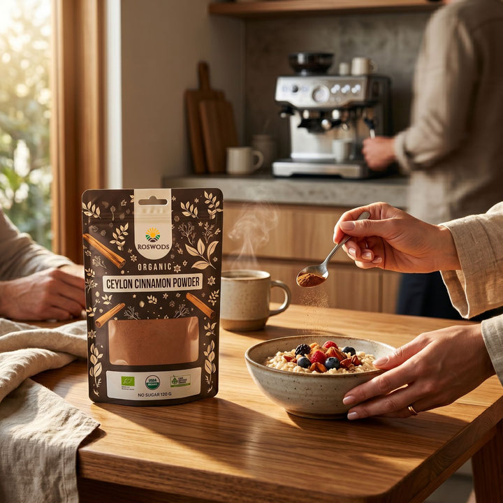 A person spooning Roswods Organic Ceylon Cinnamon Powder from the bag over a breakfast bowl in a warm kitchen setting.