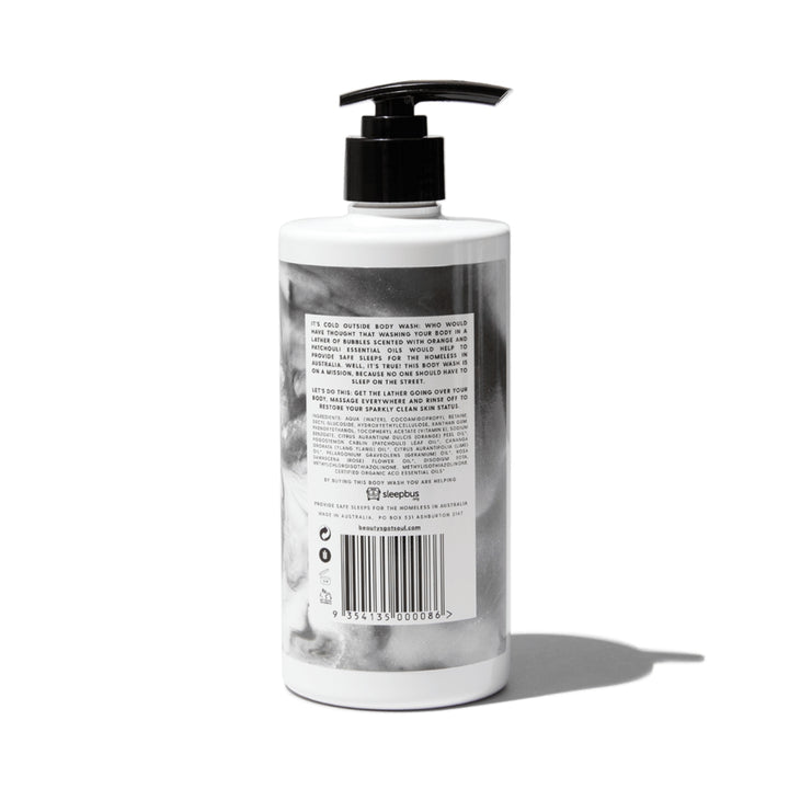 Beauty's Got Soul Home Sweet Home Body Wash 500ml bottle, infused with organic sweet orange and patchouli essential oils. Vegan, cruelty-free, and Australian-made; supports homeless charities.