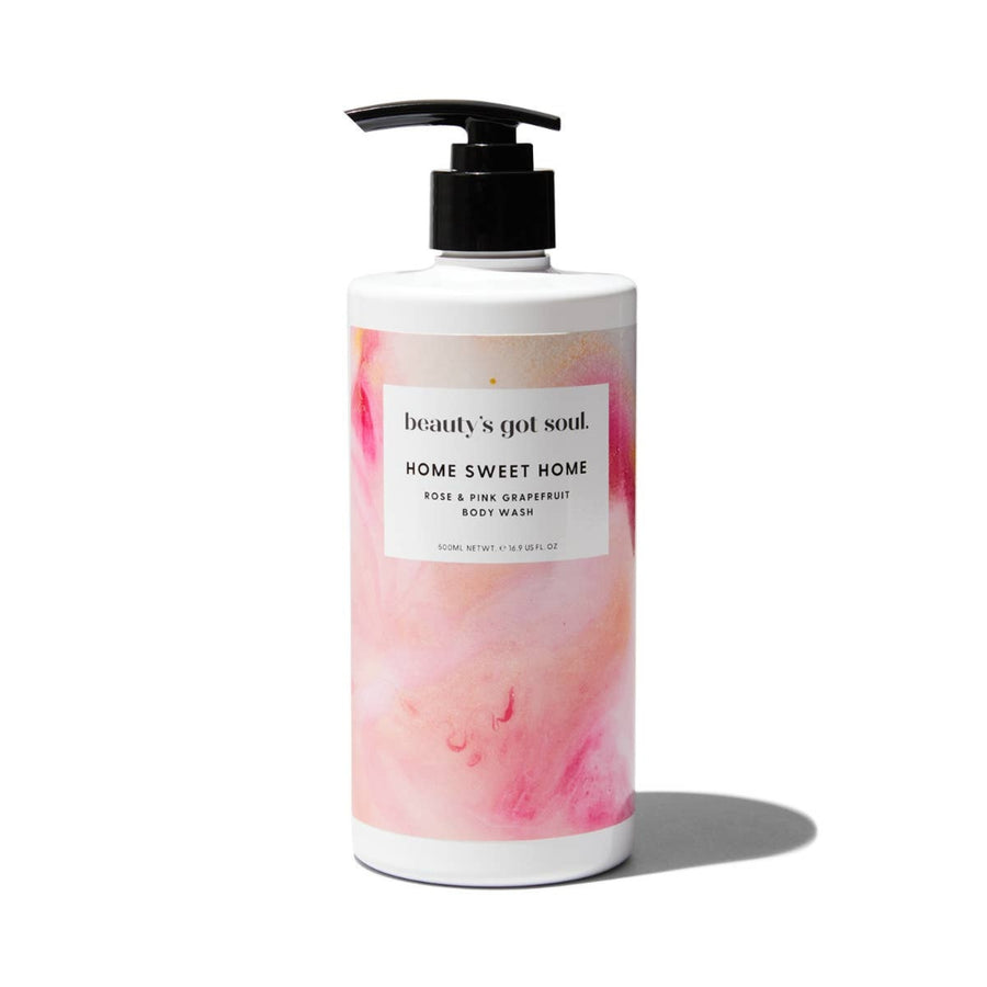 Beauty's Got Soul Home Sweet Home Body Wash 500ml bottle, infused with rose and pink grapefruit essential oils. Australian-made; proceeds aid homeless charities.